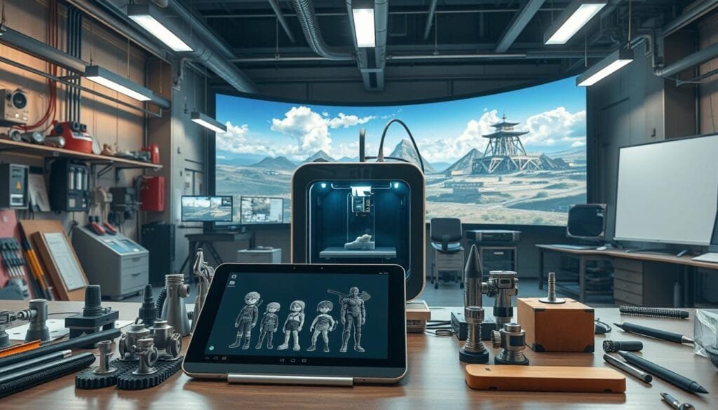 A well-lit and detailed industrial workshop, featuring an array of AI-powered tools and equipment used in the anime production industry. In the foreground, a sleek tablet displaying 3D character models, surrounded by a variety of specialized design implements. The middle ground showcases a futuristic 3D printer, subtly blending mechanical and digital elements. In the background, a large-scale rendering of an anime landscape, projected onto a curved screen, serves as a canvas for ideation and experimentation. The overall atmosphere conveys a harmonious fusion of cutting-edge technology and the creative artistry of the anime genre.