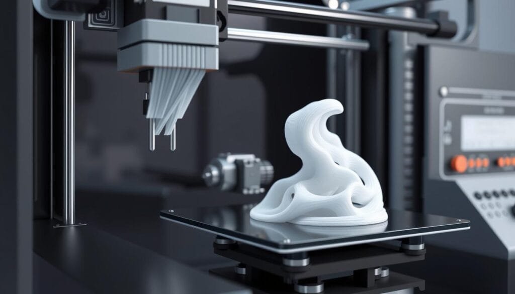 A well-lit, detailed 3D rendering of the fused deposition modeling (FDM) process used in additive manufacturing. The foreground shows a close-up view of the extruder head as it lays down successive layers of thermoplastic filament, creating a complex organic shape. The middle ground depicts the internal structure of the 3D printer, with precision motors and gears guiding the print head. The background showcases the printer's outer housing, complete with control panels and indicators, conveying the technical sophistication of this food printing technology.