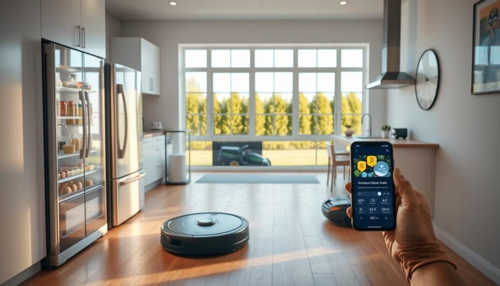 A well-lit modern kitchen interior, showcasing a variety of IoT-connected household appliances in use. In the foreground, a smart refrigerator displays its contents and suggests personalized shopping lists. Nearby, a voice-controlled virtual assistant interacts with the homeowner, while a robotic vacuum cleaner silently navigates the clean hardwood floors. The middle ground features a touchscreen digital display managing home security, temperature, and energy consumption. In the background, a smartphone app controls a robotic lawn mower tending to the lush, manicured yard outside the large picture windows. The scene conveys a sense of seamless integration between technology and everyday domestic life.