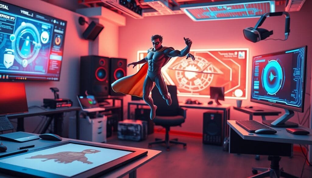A well-lit studio workspace with an array of cutting-edge AI-powered visual creation tools, including a state-of-the-art digital drawing tablet, a powerful graphics workstation, and an advanced virtual reality headset. In the foreground, a dynamic 3D model of a superhero character hovers, partially rendered, showcasing the AI's ability to generate and manipulate complex visual assets. The background features sleek, futuristic-looking software interfaces and holographic displays, conveying the advanced, technological nature of the AI-assisted design process. The overall scene exudes a sense of creativity, innovation, and the fusion of human imagination with artificial intelligence.