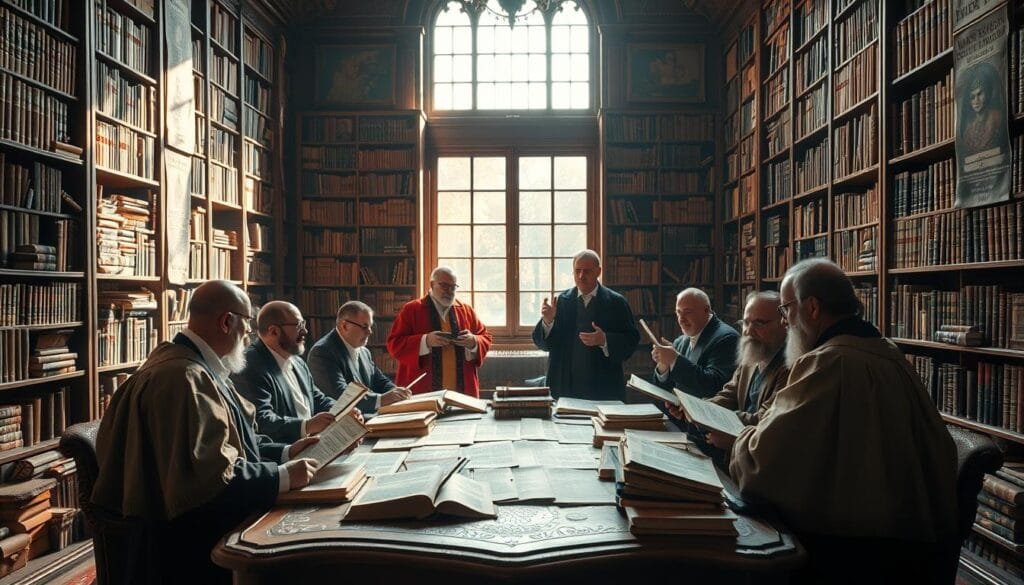 A well-lit study filled with towering bookshelves, tomes, and parchments. In the center, a group of erudite scholars in academic robes engaged in lively debate, gesturing animatedly as they discuss historical texts and documents sprawled across an ornate table. Soft natural light filters in through tall windows, casting a warm glow on the scene. The atmosphere is one of scholarly contemplation and passionate intellectual discourse. The room's elegant and refined decor evokes the grandeur of a prestigious university library or a private study of a renowned historian.