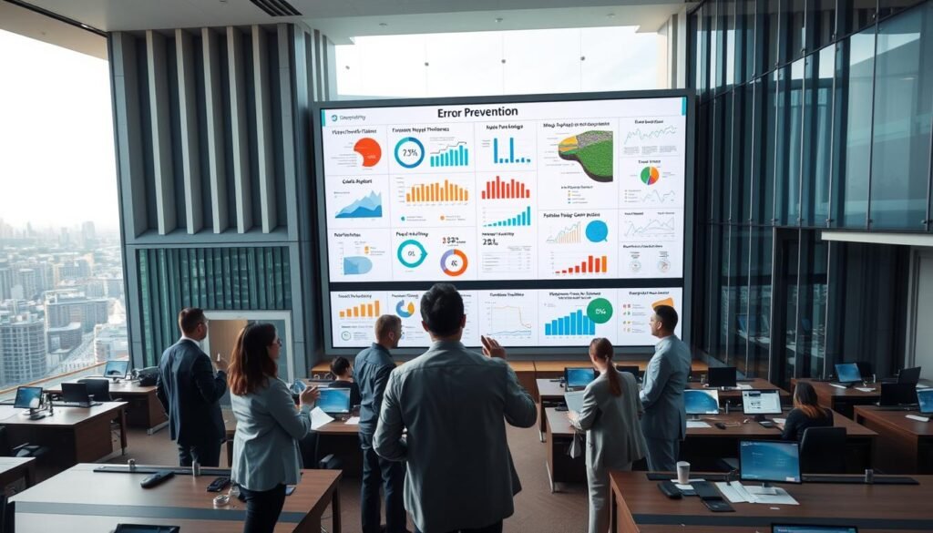 A well-lit, wide-angle shot of a government building with an imposing, modern facade. In the foreground, a group of people standing around a large, interactive display board, gesturing and discussing intently. The board shows various charts, graphs, and data visualizations highlighting the importance of error prevention and information sharing. The middle ground features rows of desks and workstations, where officials are diligently analyzing reports and collaborating. In the background, a panoramic view of a bustling city skyline, conveying the scale and significance of the government's role in information management and error mitigation.