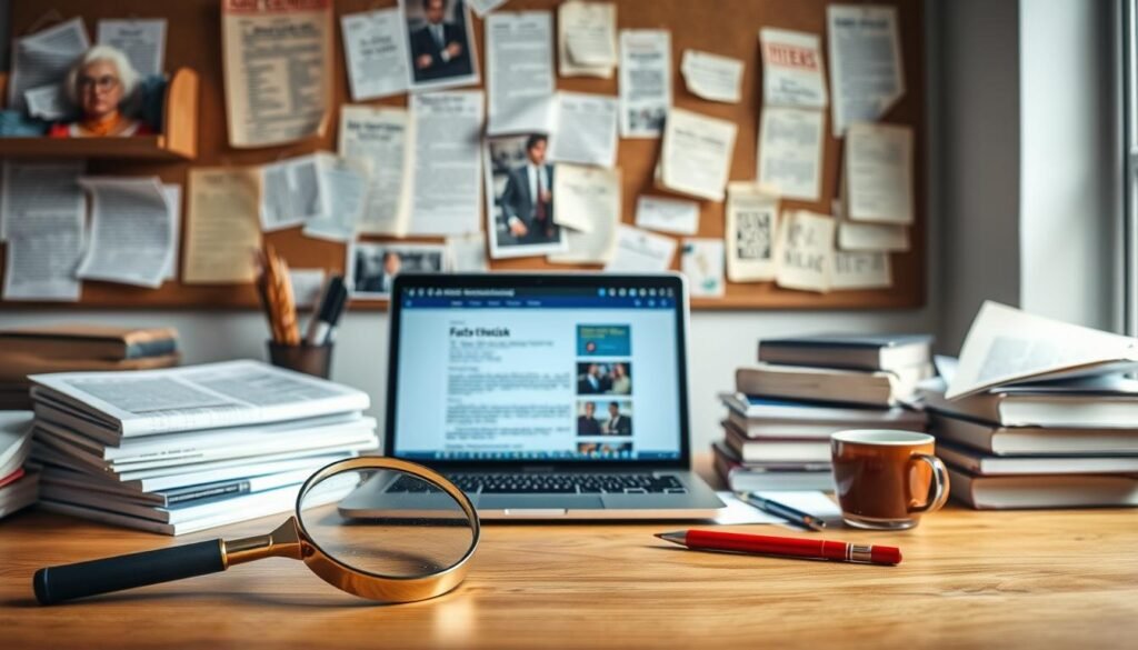 A well-lit workspace filled with an assortment of fact-checking tools. In the foreground, a magnifying glass, a pair of scissors, and a red pen rest on a wooden table. In the middle ground, a laptop displays a web page with fact-checking resources, surrounded by a stack of reference books and a cup of coffee. In the background, a corkboard with handwritten notes and clippings from various news sources, illuminated by a soft, natural light filtering through a window. The overall scene conveys a sense of diligence, research, and a commitment to uncovering the truth.