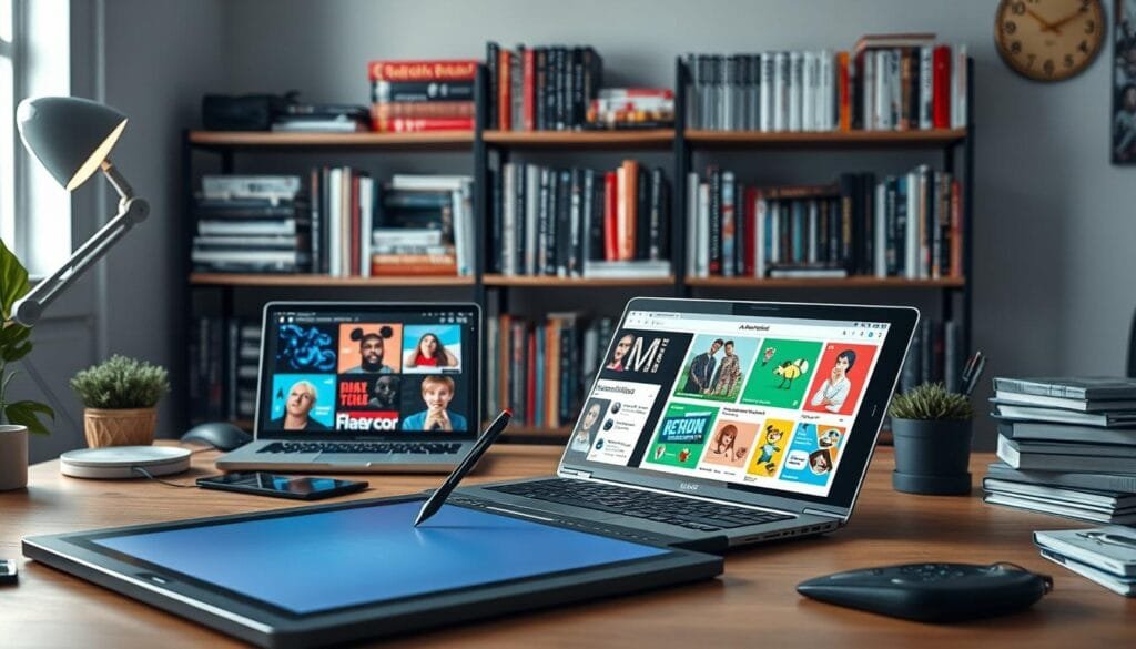 A well-lit workspace with an array of AI-powered tools for meme creation. In the foreground, an advanced graphics tablet and stylus hover over a digital canvas. Nearby, a sleek laptop displays vibrant meme templates, ready for customization. In the middle ground, an AI assistant offers suggestions, analyzing trends and providing creative inspiration. The background features shelves stocked with reference materials - internet culture books, meme anthologies, and technical manuals. The lighting is soft and diffused, creating an atmosphere of focused productivity and artistic exploration.