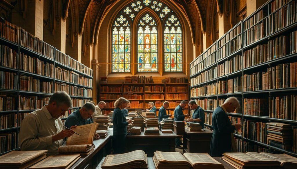 A well-preserved medieval library, illuminated by soft, warm lighting. In the foreground, a team of historians and conservators carefully examining ancient manuscripts, using specialized tools and techniques to preserve their fragile pages. In the middle ground, rows of bookshelves filled with meticulously cataloged volumes, some with intricate bindings and illustrations. The background depicts a stained-glass window, casting a kaleidoscope of colors across the scene, hinting at the timeless knowledge contained within these walls. An atmosphere of reverence and dedication to the preservation of cultural heritage pervades the space.