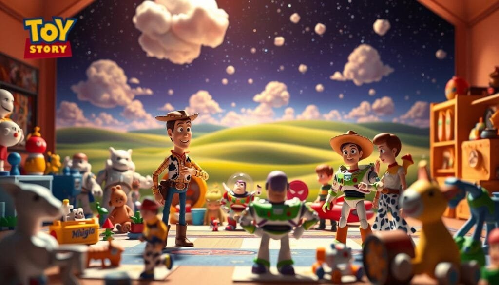 A whimsical and vibrant "universo de Toy Story" scene. In the foreground, beloved characters like Woody, Buzz Lightyear, and Jessie playfully interact, their plastic figures imbued with childlike wonder. In the middle ground, a diverse array of toys - from classic board games to modern action figures - populate a lively playroom, bathed in warm, soft lighting that casts gentle shadows. The background reveals a boundless, imaginary landscape, with clouds of puffy cotton, rolling hills of green grass, and a starry midnight sky overhead, hinting at the vast, emotional depth of this beloved animated universe.