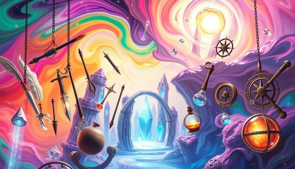 A whimsical collection of fantastical tools and instruments floating against a swirling, dreamlike backdrop of vibrant colors and ethereal shapes. In the foreground, an assortment of quill pens, magic wands, alchemical vials, and celestial compasses hover in a state of enchanted suspension. In the middle ground, cascading arches of softly glowing energy and translucent, prismatic portals suggest the infinite potential for world-building. The background blends a kaleidoscope of abstract, otherworldly landscapes - towering crystal formations, nebulae of shimmering stardust, and undulating waves of vivid, luminescent hues. An atmosphere of creative inspiration and boundless imagination permeates the scene, hinting at the wonders that can be conjured through the wielding of these fantastical tools.
