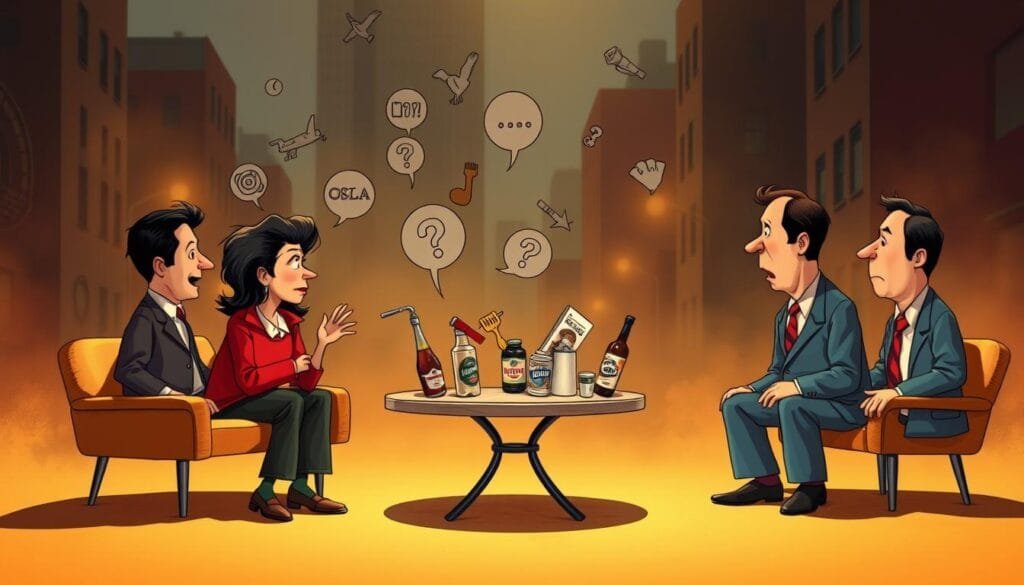 A whimsical, iconic scene from the classic sitcom Seinfeld, capturing the absurd symbolism and comedic moments that defined the show. In the foreground, a stylized, caricature-like depiction of the main characters, Jerry, Elaine, George, and Kramer, engaged in a surreal, humorous interaction. In the middle ground, subtle visual metaphors and symbols that allude to recurring themes, such as the pursuit of the elusive, the mundane made extraordinary, and the chaos underlying the characters' lives. The background subtly evokes the urban setting of New York City, with a hazy, dreamlike quality that heightens the sense of the absurd. Warm, contrasting lighting casts an almost theatrical glow, highlighting the comedic drama unfolding. The overall composition and style capture the irreverent, yet insightful nature of the show, inviting the viewer to discover the deeper meanings behind the surface-level hilarity.