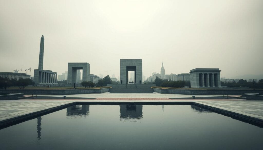 A wide, establishing shot of a series of somber, iconic landmarks and memorials, depicting various tragic historical events. In the foreground, a quiet reflection pool, its still surface mirroring the surrounding architecture. In the middle ground, imposing monuments and memorials, their austere, angular designs evoking a sense of solemn reverence. The background features a hazy, muted cityscape, with the sky taking on a moody, overcast tone that casts a pensive atmosphere over the entire scene. Subtle, dramatic lighting accentuates the gravity and significance of these emblematic places, inviting the viewer to contemplate the weight of their histories.