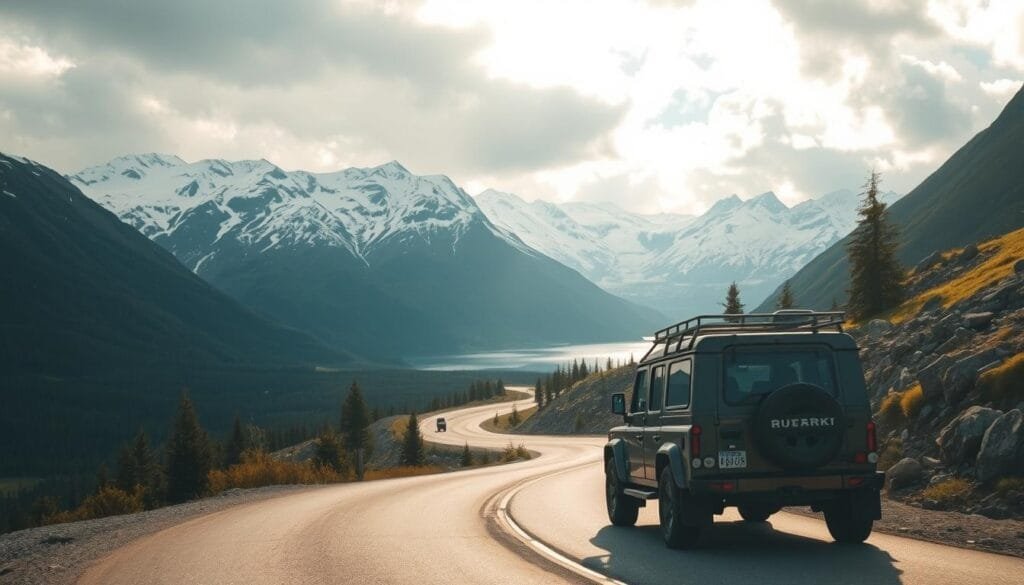 A winding road cutting through the rugged, snow-capped peaks of the Andes, with lush green forests and pristine glacial lakes in the distance. In the foreground, a well-equipped SUV navigates the scenic route, its passengers eager to explore the untamed beauty of the Carretera Austral. Soft, diffused lighting filters through the clouds, casting a warm, adventurous glow over the scene. The composition is balanced, with the road leading the eye towards the majestic mountain range in the background, hinting at the journey and discoveries that lie ahead.