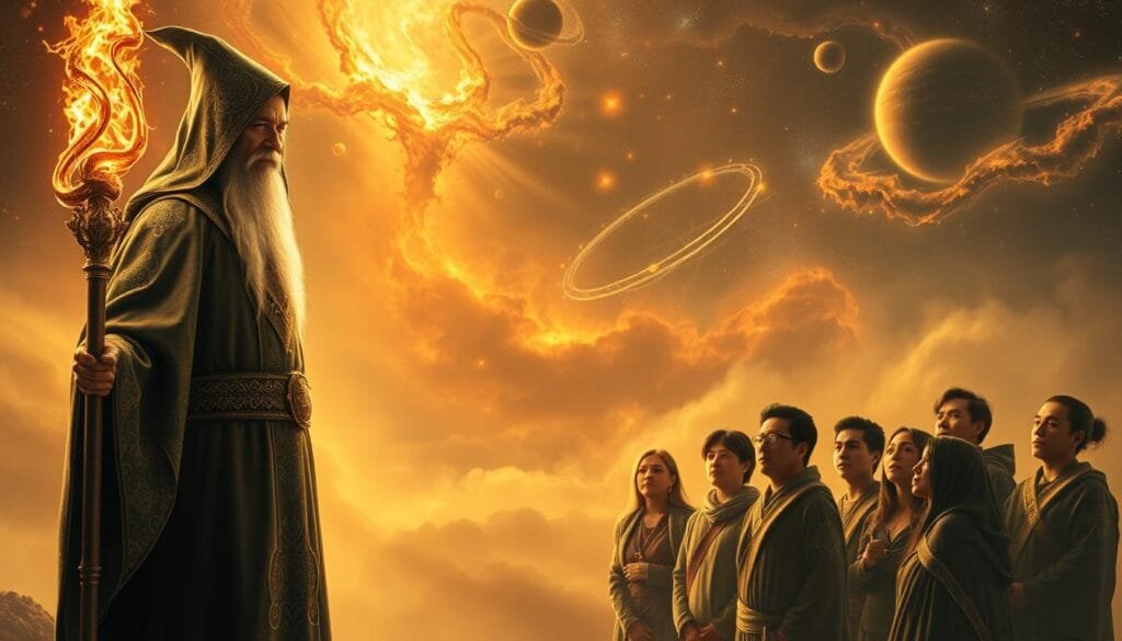 A wizard-like figure stands in the foreground, robed in intricate celestial patterns and wielding a glowing staff. Their face is half-obscured, emanating a sense of profound wisdom and insight. In the middle ground, a group of diverse individuals gather around the mentor, their expressions rapt as they listen intently. The background is a dreamlike landscape, with swirling nebulae and celestial bodies casting a mystical glow over the scene. Warm, diffused lighting illuminates the figures, creating an air of reverence and contemplation. The overall composition conveys the guiding, transformative power of a sage mentor imparting knowledge to their devoted followers.