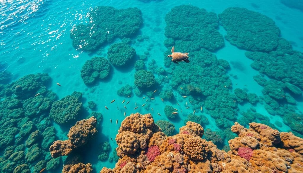 An aerial view of the pristine coral reefs of Nueva Guinea, bathed in the warm, azure hues of the tropical ocean. The vibrant, kaleidoscopic colors of the coral formations dance beneath the sunlight's gentle caress, creating a mesmerizing underwater landscape. Sizable schools of brightly colored fish dart through the intricate maze of coral, while a few majestic sea turtles glide gracefully through the crystal-clear waters. The scene exudes a serene, timeless quality, conveying the tranquil beauty of this marine ecosystem largely untouched by human influence.