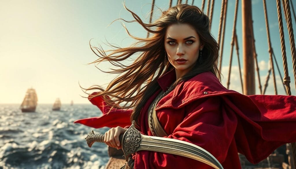 An ancient pirate queen, Teuta, stands resolute on the prow of her weathered ship, the salt-laced wind whipping her long, dark hair. Her piercing gaze surveys the horizon, commanding the respect of her fierce crew. Her crimson coat billows dramatically, hinting at the cunning and ruthlessness that have made her one of the most feared pirates of the ancient world. The sun casts a warm, golden glow over the scene, illuminating the intricate details of her ornate cutlass and the well-worn timbers of the ship. In the distance, the silhouettes of other vessels dot the turbulent sea, a testament to Teuta's expansive domain. This is a portrait of a woman who has carved her name into the annals of history, a true legend of the high seas.