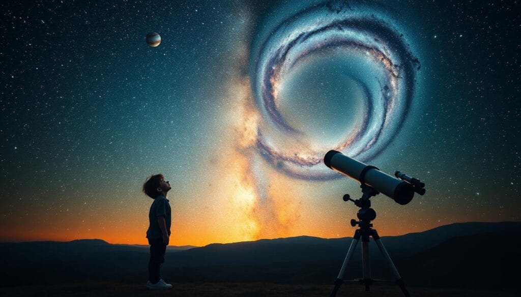 An awe-inspiring cosmic landscape, where the grandeur of the universe unfolds. In the foreground, a curious human figure gazes upwards, captivated by the celestial dance of planets, stars, and nebulae. The middle ground features a powerful telescope, its lens capturing the endless wonders of the night sky. The background is a panoramic vista of the Milky Way, its swirling arms stretching across the canvas, illuminated by a warm, diffused light. The scene evokes a sense of wonder, inviting the viewer to ponder the mysteries of the cosmos and the cognitive stimulation inherent in the pursuit of astronomical knowledge.