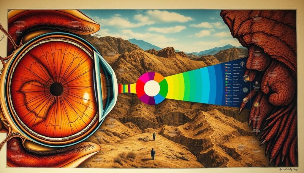 An elaborate anatomical diagram showcasing the biological and cultural foundations of color, rendered in a detailed, scientific illustration style. The foreground depicts intricate cross-sections of the human eye, highlighting the complex structures and processes that enable color perception. The middle ground features a vibrant spectrum of hues, each accompanied by symbolic representations of their cultural associations and psychological impacts. The background depicts a richly textured, earthy landscape, suggesting the deep-rooted, primal origins of our relationship with color. The lighting is soft and natural, with a slightly muted, academic tone that conveys a sense of scholarly exploration. The overall composition aims to illuminate the interdisciplinary nature of understanding the human experience of color.