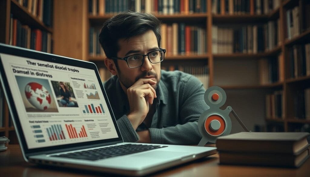 An elegantly composed scene depicting a critical analysis of sexist cinematic tropes. In the foreground, a laptop screen displays a thorough examination of the "damsel in distress" archetype, data visualizations and analytical charts offering a nuanced dissection. In the middle ground, a thoughtful cinephile scrutinizes the findings, brow furrowed in contemplation. The background evokes a cozy, library-like setting, bookshelves lining the walls, subdued lighting casting a warm, introspective glow. The overall mood is one of scholarly rigor and intellectual discourse, inviting the viewer to engage critically with the subject matter.