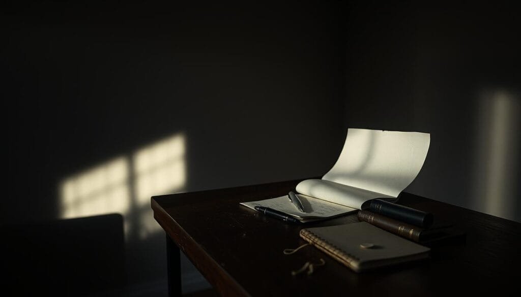 An empty, dimly-lit room, with shadows cast across the walls. On a worn, wooden desk sits a crumpled piece of paper, a leaking ink pen, and a tattered notebook - symbols of a storytelling process gone awry. The air feels stagnant, the atmosphere heavy with frustration and creative blocks. A single beam of light cuts through the gloom, highlighting the disarray, a metaphor for the "errores storytelling" - the common missteps and pitfalls that plague the art of crafting a captivating narrative. The scene evokes a sense of unease, a cautionary tale for those seeking to master the delicate balance of effective storytelling.