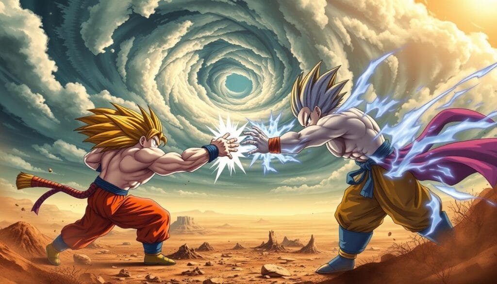 An epic battle scene from the legendary Dragon Ball Z universe. In the foreground, two powerful Saiyan warriors, their muscles rippling, locked in an intense clash of ki-charged fists and fierce energy blasts. The sky above is a swirling vortex of thunderous clouds, charged with the raw power of their titanic struggle. In the middle ground, the devastated landscape bears witness to their legendary confrontation, craters and rubble scattered across the terrain. The background fades into a hazy, golden horizon, hinting at the cosmic scale of this epic clash of titans. Dramatic lighting casts dramatic shadows, heightening the sense of drama and high stakes. Capture the awe-inspiring grandeur of these legendary Dragon Ball Z battles.