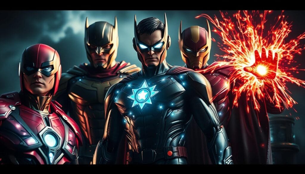 An epic close-up shot of superheroes' intricate costume details and unique superpowers, captured with cinematic lighting and dramatic angles. Vibrant colors, sharp edges, and mesmerizing energy fields radiate from the figures, showcasing the artistry and technical mastery behind character design. The foreground features a trio of dynamic poses, with mid-ground elements hinting at broader heroic themes. The moody, atmospheric background sets an ominous yet captivating tone, inviting the viewer to marvel at the superheroes' extraordinary abilities and striking visual identities.