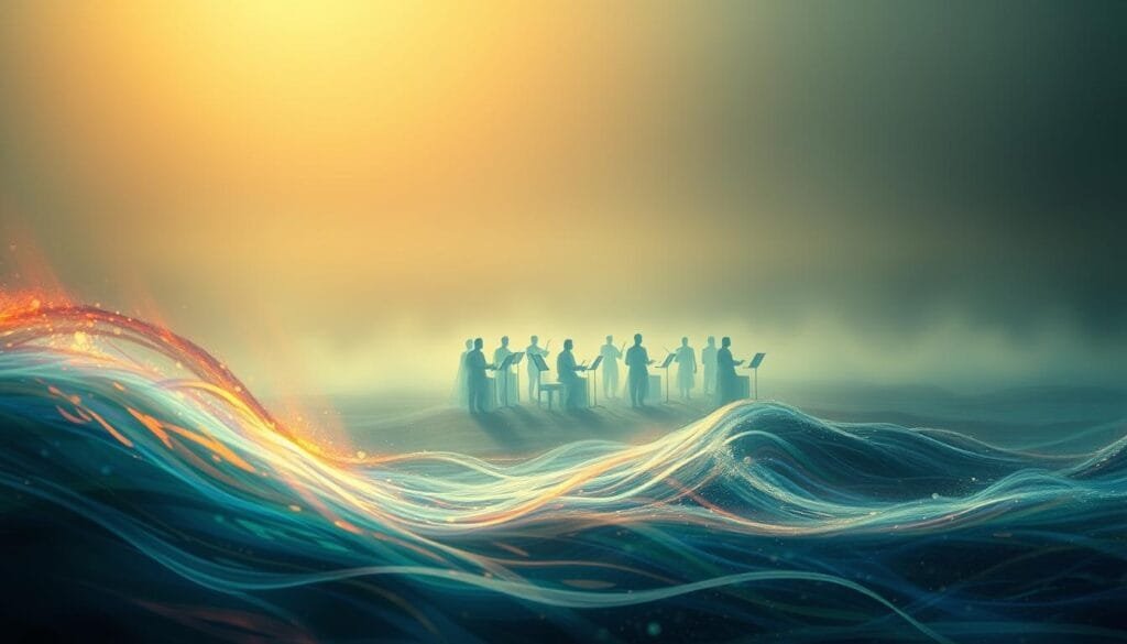 An ethereal, cinematic landscape capturing the emotional impact of film soundtracks. In the foreground, swirling waves of vivid color and light evoke the visceral power of music, while in the middle ground, an orchestra of ghostly, translucent figures symbolize the creative forces behind the score. The background fades into a hazy, dreamlike horizon, suggesting the transcendent, transportive nature of the auditory experience. Soft, dramatic lighting casts an introspective, melancholic tone, evoking the complexity of human emotion. The scene is rendered with a painterly, impressionistic style, mirroring the subjective, emotive nature of the subject matter.