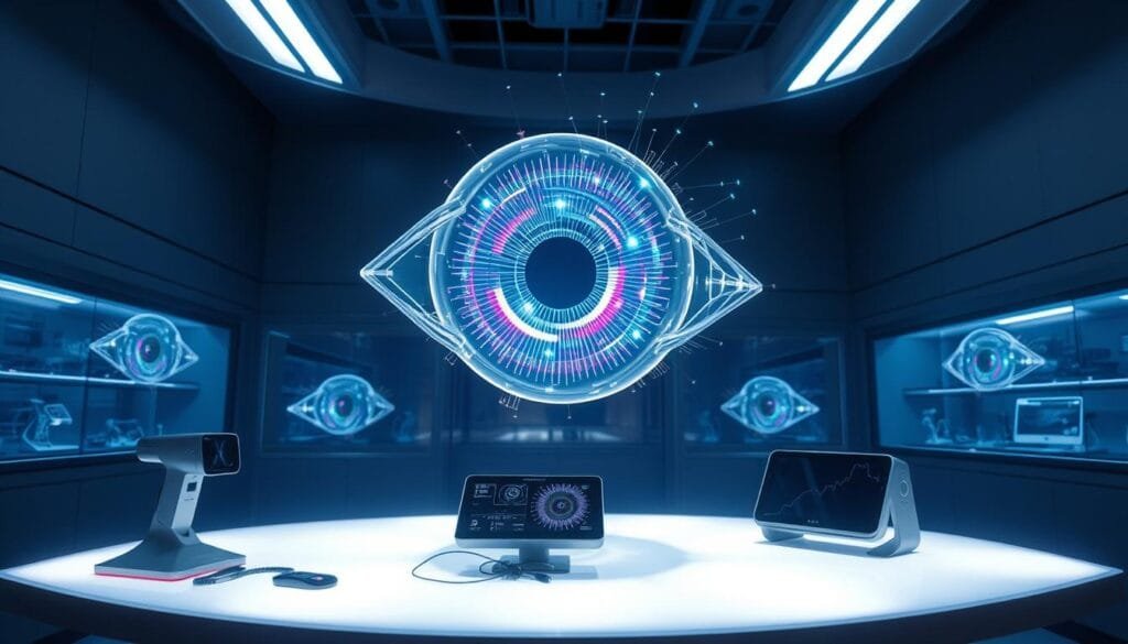 An expansive, holographic display floats in a dimly lit, futuristic laboratory. Intricate, translucent models of the human eye rotate and pulse with vivid, kaleidoscopic visualizations, showcasing the evolution of cutting-edge augmented reality (AR) technology in ophthalmology. Sleek, next-generation devices are arranged on illuminated surfaces, their diagnostic sensors and AR projectors hinting at a seamless integration between the digital and physical realms. A sense of awe and possibility permeates the scene, as the viewer glimpses the transformative potential of AR in revolutionizing how we perceive and interact with the world around us.