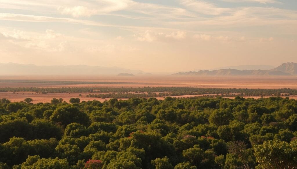 An expansive landscape of lush, verdant selvas blanketing the foreground, their canopies teeming with vibrant flora and fauna. In the distance, the harsh, arid expanse of towering dunes and sun-baked desert landscapes unfolds, creating a striking contrast of ecosystems. Warm, golden light filters through wispy clouds, casting a dreamlike ambiance over the scene. Detailed textures and intricate patterns adorn the diverse elements, from the intricate leaves to the weathered, rippled sands. This breathtaking panorama encapsulates the magnificent diversity and untamed wonders of our planet's last great frontiers.