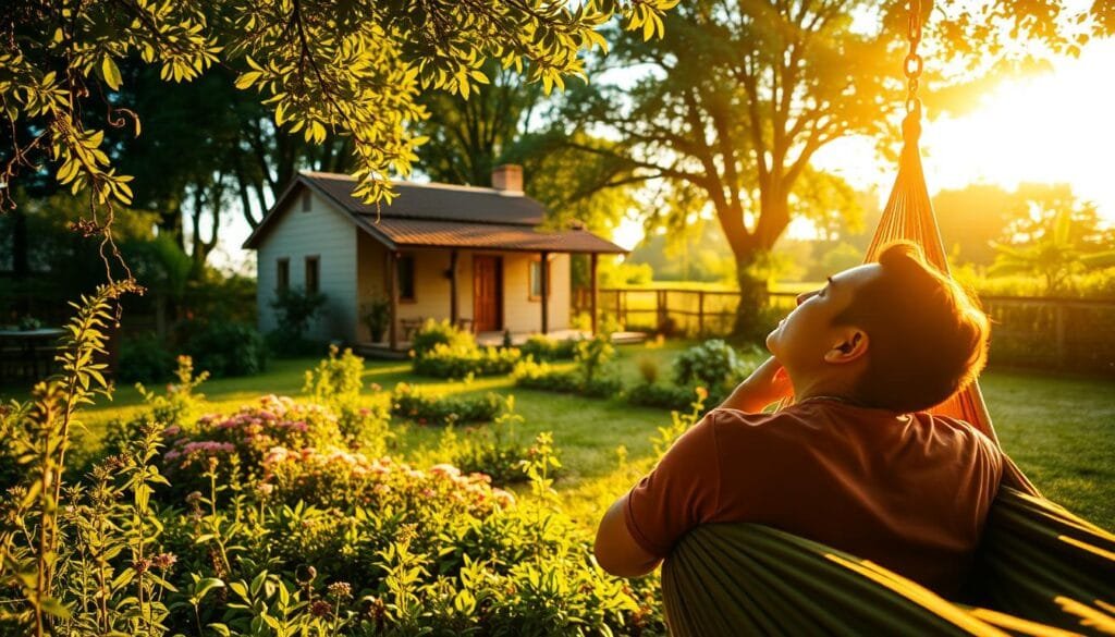 An idyllic afternoon scene of a person resting in a hammock, surrounded by a lush garden. In the foreground, a person lies back, eyes closed, lost in peaceful contemplation. The middle ground features a flourishing garden, with vibrant flowers and greenery. In the background, a modest home stands, its architecture blending seamlessly with the natural environment. Warm, golden sunlight filters through the trees, casting a serene glow over the scene. The overall atmosphere conveys a sense of balance and harmony between work, rest, and the natural world.
