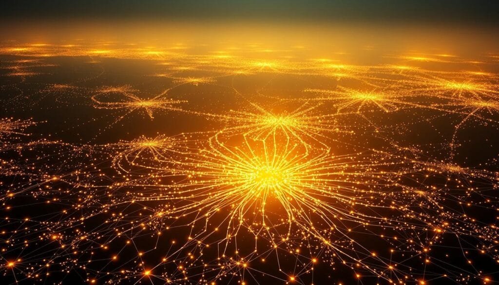 An illuminated landscape of algorithms, their intricate patterns woven into the collective memory of humanity. In the foreground, a central nexus of pulsing data streams, representing the ebb and flow of influence and ideas. Surrounding it, a field of glowing, interconnected nodes, each a testament to the shared experiences and narratives that shape our world. The middle ground is a mosaic of receding layers, blending seamlessly with the hazy, dreamlike background - a tapestry of memory, where the past and present converge. Lighting is soft and ethereal, casting a warm, contemplative glow over the scene. The overall composition evokes a sense of wonder, inviting the viewer to ponder the profound and often unseen forces that guide our collective journey.
