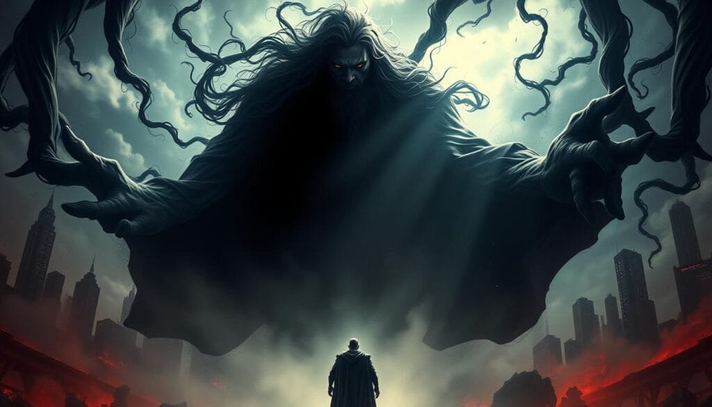 An imposing figure, the embodiment of absolute power, stands amidst a swirling vortex of ethical dilemmas. Shadowy tendrils of moral ambiguity envelop the scene, casting a somber tone. In the foreground, the powerful entity appears to grapple with the weight of their decisions, their visage reflecting the internal turmoil of wielding unbridled authority. The middle ground is shrouded in a haze of uncertainty, hinting at the far-reaching consequences of unchecked power. The background depicts a dystopian cityscape, its towering structures and ominous skies serving as a stark reminder of the fragility of justice and the ever-present threat of corruption. The lighting is dramatic, with bold contrasts of light and shadow, emphasizing the gravity of the ethical quandaries at hand. This image aims to capture the profound and unsettling implications of absolute power, inviting the viewer to reflect on the delicate balance between authority and morality.