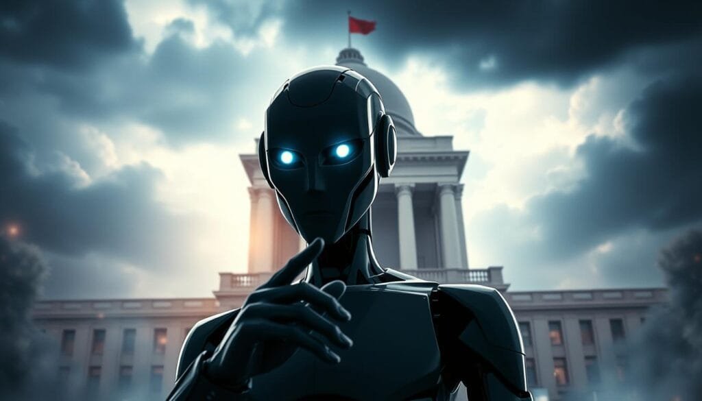 An imposing government building, its facade adorned with symbols of power, stands tall against a backdrop of a turbulent, technology-infused skyline. In the foreground, a sleek, humanoid figure, its eyes glowing with an eerie intelligence, gestures confidently, conveying a sense of authority and control. The scene is bathed in a moody, cinematic lighting, casting dramatic shadows that suggest the weighty implications of an AI-led government. The overall atmosphere is one of both fascination and unease, reflecting the complex challenges and potential consequences of such a scenario.