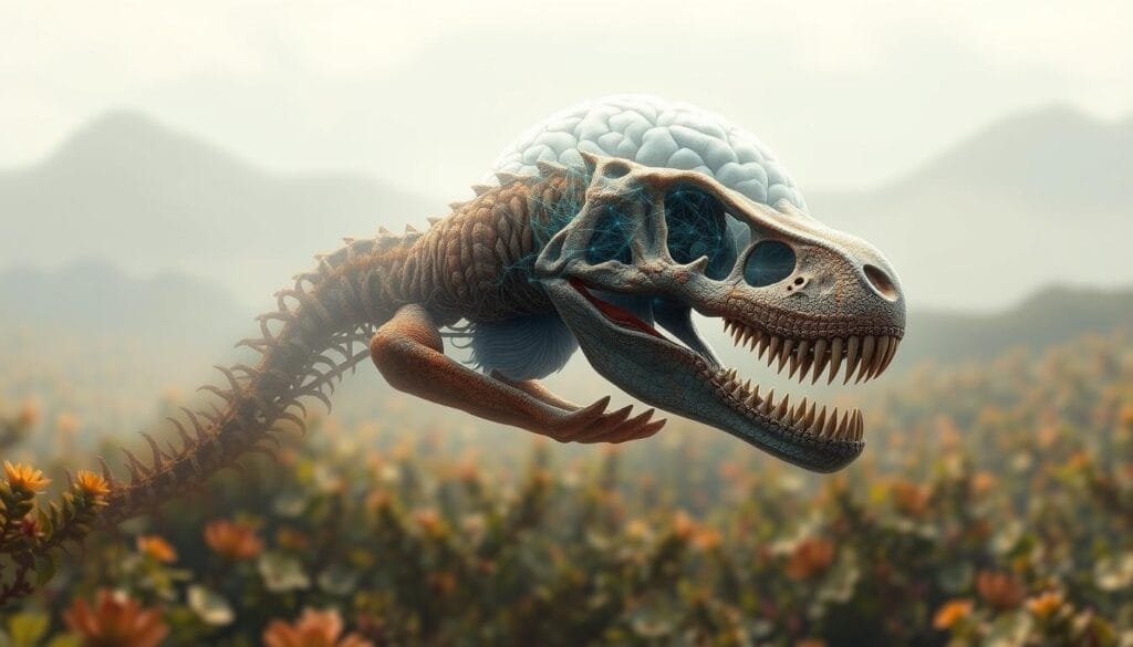 An intricate digital illustration portraying the evolutionary divergence between the brains of dinosaurs and mammals. In the foreground, a tyrannosaurus rex skull is depicted in a vivid, lifelike rendering, its neural pathways and cortical structures visible. In the middle ground, a sleek, modern mammalian brain is showcased, its complex folds and intricate networks contrasting with the reptilian counterpart. The background features a hazy, dreamlike landscape of prehistoric flora, hinting at the vast evolutionary timescale. The lighting is soft and atmospheric, casting an ethereal glow over the scene. The overall composition conveys a sense of scientific curiosity and the profound impact of evolutionary divergence on the development of intelligence.