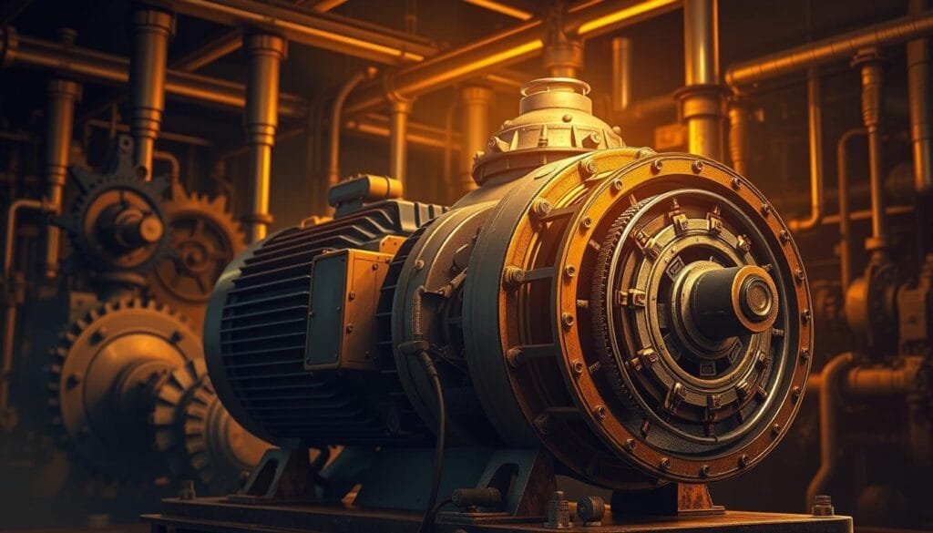 An intricate, highly detailed illustration of an AC electric motor from the industrial revolution era. The motor is depicted in the foreground, its inner workings and components meticulously rendered with a focus on technical precision. The background shows a dimly lit industrial setting, with gears, pipes, and machinery hinting at the revolutionary power transmission systems of the time. Warm, golden lighting casts dramatic shadows, evoking the atmosphere of a bygone era of technological progress. The overall composition conveys a sense of innovation, engineering prowess, and the transformative impact of alternating current on the world.