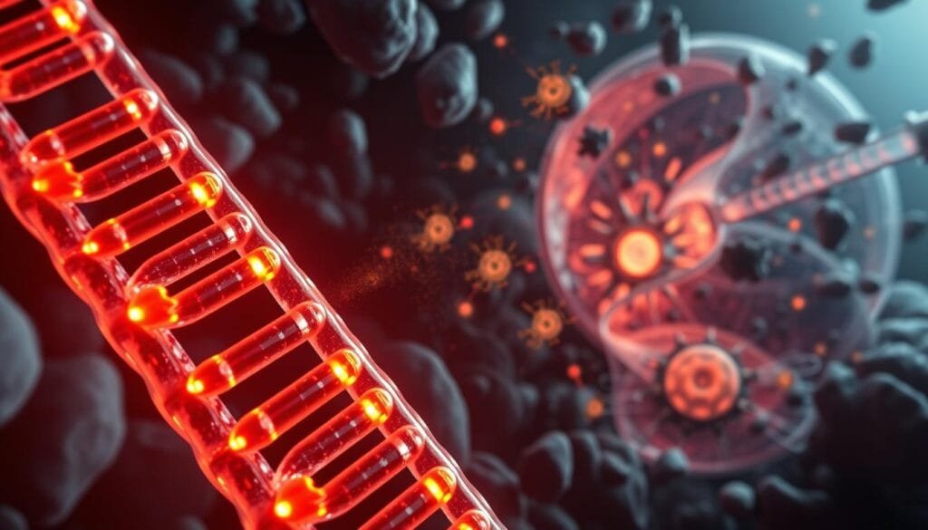 An intricate microscopic view of telomeres and their role in cancer. In the foreground, a detailed cross-section of human chromosomes, with their protective caps - the telomeres - prominently displayed. The telomeres are visualized as vibrant, glowing structures, their lengths varying to indicate the state of cellular aging. In the middle ground, an array of cellular machinery, including the telomerase enzyme, is shown actively maintaining and lengthening the telomeres. The background depicts a complex, multi-layered representation of the cancer process, with aberrant cell division and tumor growth emerging from the uncontrolled telomerase activity. The scene is rendered in a highly realistic, scientific style, with crisp details and a somber, contemplative mood to convey the gravity of the subject matter.
