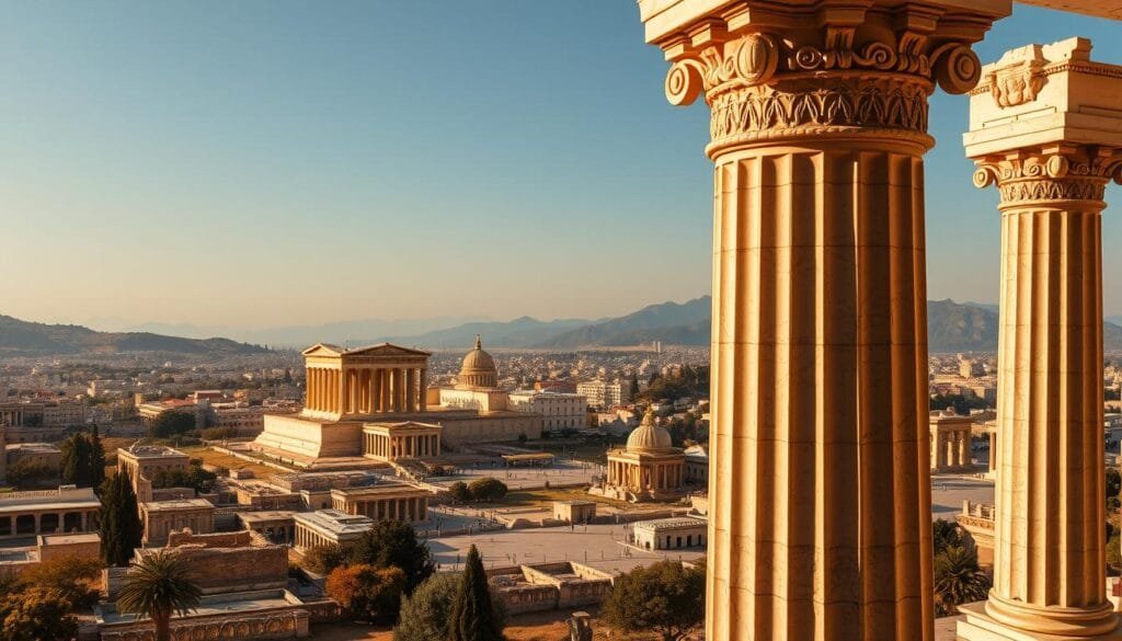 An intricate mosaic of classical Grecian architecture, bathed in warm, golden light. In the foreground, a grand marble column stands tall, its ornate Doric capital crowned with delicate carvings. The middle ground reveals a sprawling cityscape, with towering temples and grand plazas, evoking the vibrant cultural heart of ancient Greece. In the background, the distant silhouettes of rolling hills and a cerulean sky create a sense of timeless grandeur. The overall atmosphere is one of reverence and intellectual curiosity, inviting the viewer to explore the rich linguistic and cultural heritage of this bygone era.