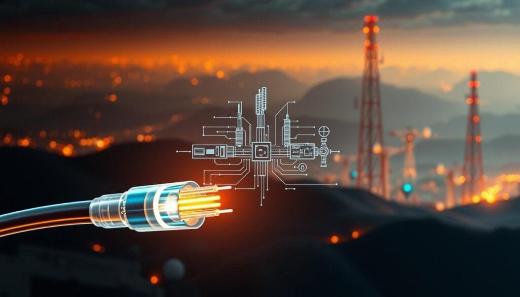 An intricately detailed diagram showcasing the latest advancements in optical communications. In the foreground, a sleek, futuristic fiber optic cable coils gracefully, its core illuminated by a soft, incandescent glow. The middle ground features a schematic of a cutting-edge optical transceiver, its components precisely rendered in a technical, engineering-inspired style. In the background, a panoramic vista of towering communications towers and satellite dishes, bathed in a warm, amber-hued lighting that conveys a sense of technological progress and innovation. The overall composition exudes a sense of dynamism and forward-thinking, capturing the spirit of the "Retos técnicos y aplicaciones futuras" section of the article.