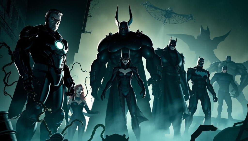 An ominous gathering of DC Comics' most fearsome villains, their extraordinary powers and abilities on full display. In the shadowy foreground, Lex Luthor's mechanical suit stands tall, the glow of its reactor lighting his determined expression. Beside him, Poison Ivy's vines slither and coil, ready to ensnare any who dare approach. In the middle ground, the brooding, hulking form of Bane looms, his powerful muscles tensed, while the Penguin's mechanical umbrella gadgets hover nearby, primed for attack. In the distant background, the chilling silhouettes of Darkseid and Doomsday loom, radiating an aura of pure menace. Dramatic low-angle lighting accentuates the villains' imposing statures, casting long, dramatic shadows that speak to their formidable might. An atmosphere of foreboding and impending doom permeates the scene, hinting at the untold devastation these villainous icons could unleash.