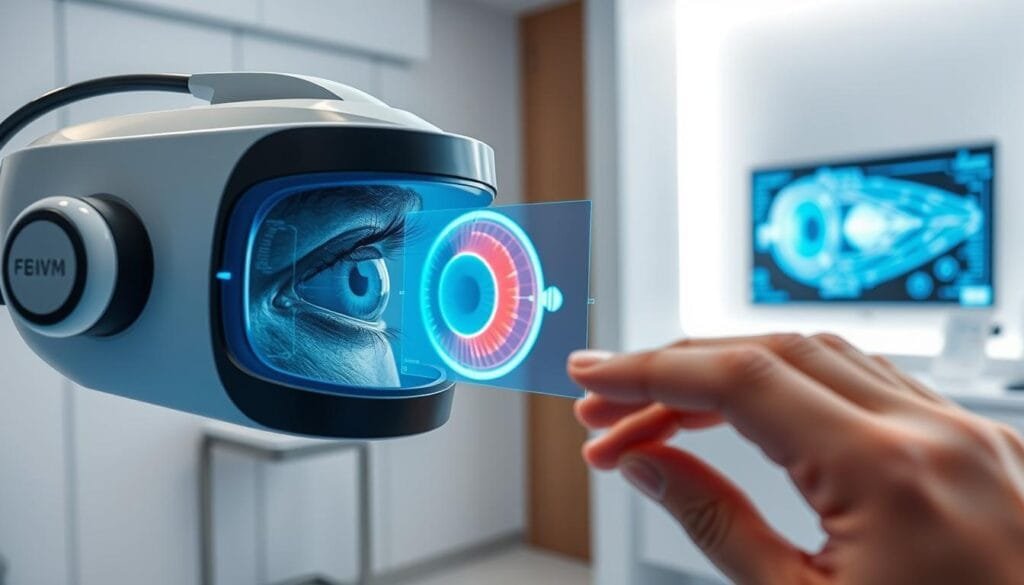 An ophthalmologist's office equipped with state-of-the-art augmented reality technology. In the foreground, a patient's eye is being scanned by a sleek, futuristic-looking AR device, its holographic interface projecting detailed diagnostic visualizations. The middle ground features an AR-powered virtual eye model, rendered with crisp anatomical precision, allowing the doctor to examine the inner structures. The background shows the office's minimalist design, with clean lines and soothing lighting, creating a calming, high-tech atmosphere conducive to medical analysis. The scene conveys the integration of advanced AR capabilities seamlessly into the field of ophthalmology, enhancing the accuracy and efficiency of eye examinations.