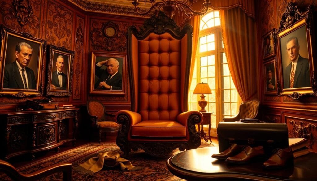 An ornate, richly decorated room in a Sicilian villa, bathed in warm, golden light from a large window. In the center, a grandiose, high-backed chair, its plush velvet upholstery and intricate carvings symbolizing the power and status of the Corleone family. On the walls, framed portraits of past Corleone patriarchs, their stern expressions and sharp, tailored suits conveying a sense of tradition and authority. On a nearby table, an array of luxury fashion accessories - a leather briefcase, a silk scarf, and a pair of polished dress shoes - hinting at the family's wealth and refined tastes. The overall atmosphere is one of elegance, tradition, and the trappings of power.