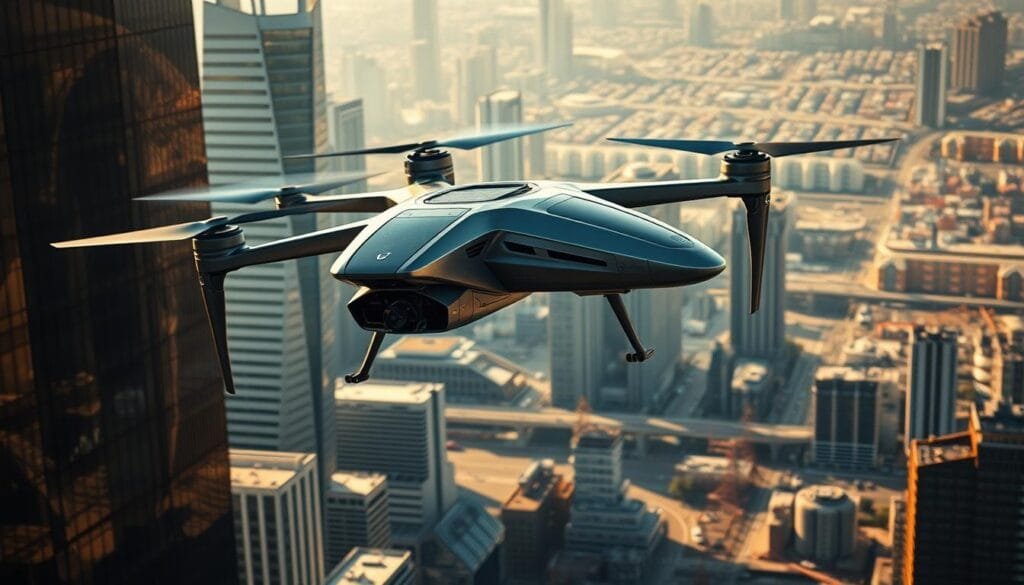 An urban eVTOL aircraft hovering gracefully above a futuristic cityscape, its sleek aerodynamic design and multiple electric propellers showcasing the advanced mobility technology. The scene is bathed in a warm, golden light, casting soft shadows and highlighting the vehicle's intricate details. The background features a mix of modern skyscrapers, flying cars, and a vibrant, bustling metropolis, creating a sense of progress and innovation. The eVTOL appears poised and ready to transport passengers effortlessly through the congested urban airspace, offering a glimpse into the next generation of urban air mobility.