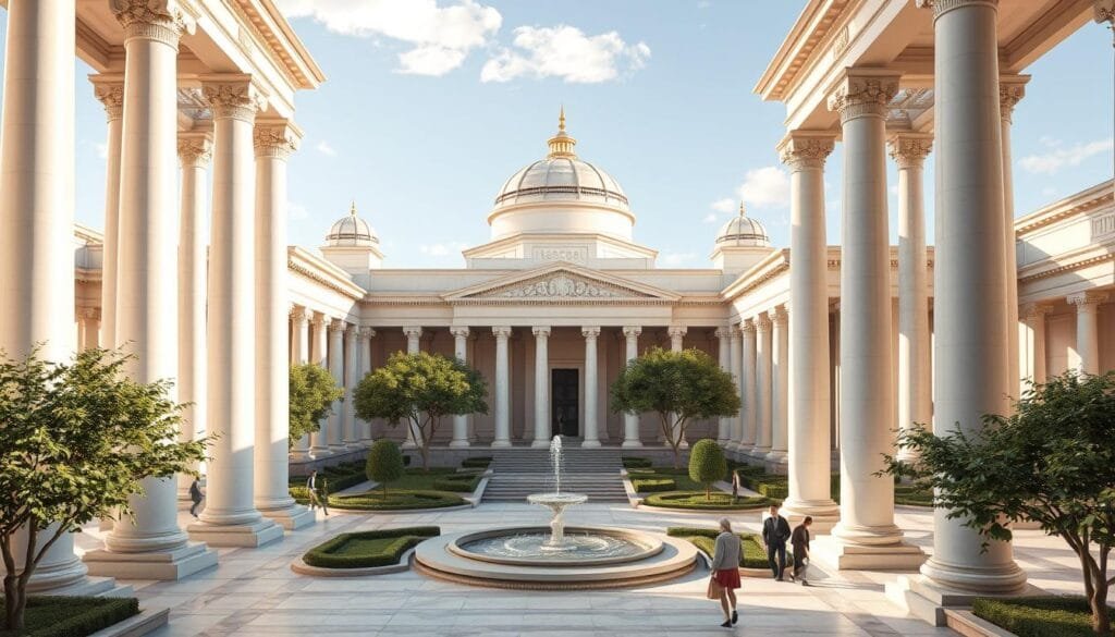 Architectural design of the Mouseion, a grand classical structure set in a serene, sunlit plaza. Towering columns and domes in gleaming white marble, accented with gold trim. Elegant, flowing lines and intricate carvings evoke the spirit of ancient Greek and Hellenistic design. The central courtyard features a shimmering fountain, surrounded by lush gardens and shade trees. Scholars and researchers wander the tranquil paths, deep in contemplation. Soft, diffused lighting filters through the porticos, creating a warm, inviting ambiance. The Mouseion stands as a beacon of knowledge and intellectual pursuit, its timeless beauty and harmony inspiring awe and reverence.