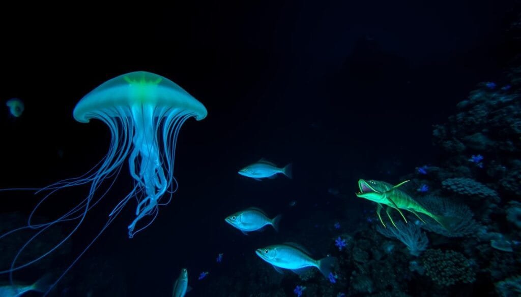 Biodiversity in the Abyss: A vibrant deep-sea scene, illuminated by bioluminescent creatures glowing in the inky blackness. In the foreground, a strange and otherworldly jellyfish-like organism undulates gracefully, its translucent tentacles pulsing with an ethereal light. Deeper in the middle ground, bizarre fish with elongated bodies and gaping mouths swim through the darkness, their sharp teeth and bulging eyes adapted to the extreme pressures and lack of light. In the distant background, the silhouettes of towering seamounts and undersea mountains loom, their slopes covered in a diverse array of sponges, corals, and other alien-looking lifeforms. An atmosphere of mystery and wonder pervades the scene, capturing the hidden marvels that dwell in the abyss.