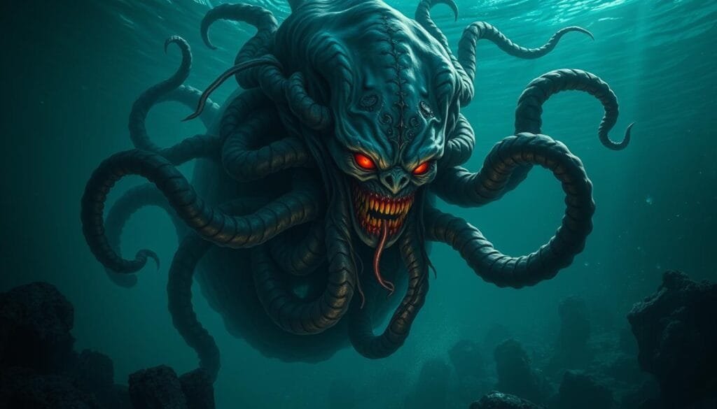 Bruja del mar Úrsula de La Sirenita, una imponente y maligna figura flotando entre aguas profundas y oscuras. Su cuerpo toma forma de pulpo, con tentáculos sinuosos que se enredan y se mueven con malicia. Destellos de luz iluminan su rostro maquiavélico, con ojos penetrantes y labios rojos envueltos en una sonrisa perversa. En el fondo, destellos de rocas y algas suben hasta la superficie, creando una atmósfera sombría y siniestra. Úrsula, la bruja del mar, se alza como la encarnación de la maldad y el engaño, lista para atrapar a su próxima víctima.