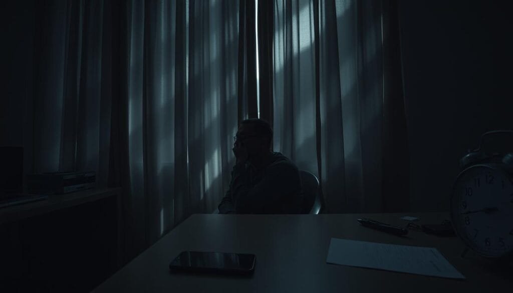 Causes of boredom: a dimly lit room, a tidy but lifeless workspace, a smartphone lying idle on the desk, a clock's hands slowly ticking away the time. The figure sits hunched, lost in thought, eyes downcast, mind wandering. Shafts of dull, gray light filter through the curtains, casting a somber mood. The atmosphere is heavy with a sense of stagnation and unfulfilled potential. The scene evokes a feeling of restlessness and a yearning for stimulation, a desire to break free from the monotony and ignite the creative spark within.