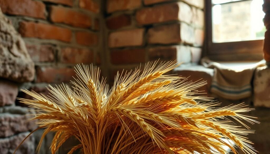 Cebada y trigo en dieta romana: a still life study of golden barley and ripe wheat stalks, their heads heavy with nourishing grains, set against a backdrop of ancient Roman brick and stonework. Soft natural light filters through a window, casting gentle shadows and illuminating the textures of the weathered architecture. The composition evokes a sense of timelessness, capturing the enduring role of these staple cereals in the diet and daily life of Roman gladiators and citizens. The scene conveys a mood of simplicity, sustenance, and the reverence for the land that sustained the empire.