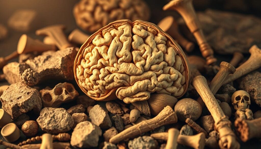 Cerebral structure and Neanderthal tools: A detailed cross-section revealing the intricate neural networks of a Neanderthal brain, surrounded by a rich array of stone tools, bone implements, and other artifacts that reflect their technological prowess. Soft, warm lighting casts an earthy, atmospheric glow, highlighting the complex folds and ridges of the brain matter alongside the rugged, utilitarian Neanderthal implements. The scene conveys a sense of anthropological wonder, inviting the viewer to contemplate the cognitive capabilities and practical ingenuity of our extinct human cousins.