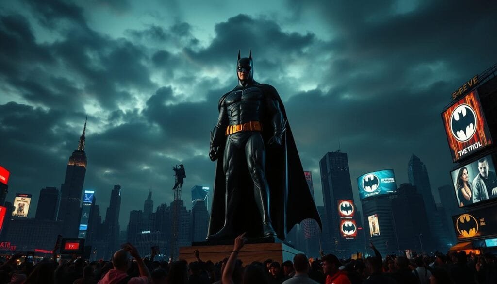 Cinematic cityscape at night, Gotham City skyline silhouetted against a dramatic cloudy sky. In the foreground, a larger-than-life Batman statue stands tall, cape billowing in the wind. Neon lights illuminate the figure, casting an ominous glow. In the middle ground, crowds of people gather, some in awe, others in protest, reflecting the cultural impact and polarizing influence of the caped crusader. The background features iconic Gotham landmarks, skyscrapers, and billboards, all bearing the unmistakable Batman symbol, symbolizing his deep integration into the urban landscape and psyche. An atmospheric scene capturing the cultural resonance and lasting legacy of the Dark Knight.