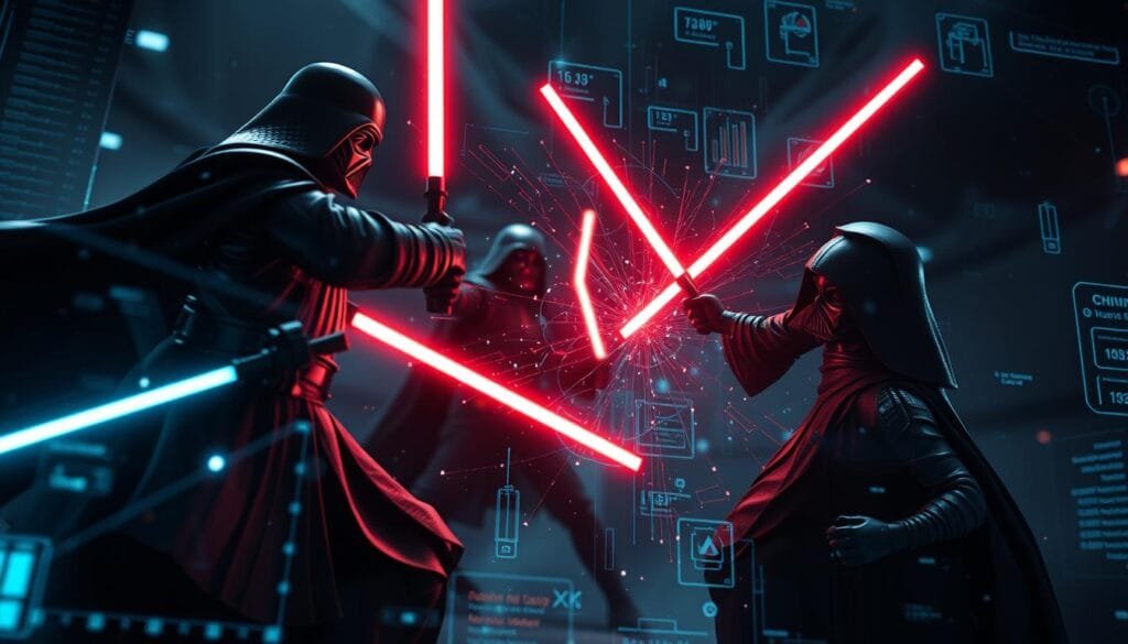 Cinematic close-up shot of an intense combat analysis simulation, showcasing the power of artificial intelligence in dissecting the strategic maneuvers and combat capabilities of powerful Force-wielding figures. Detailed 3D models of dark, imposing figures engage in a violent clash, their movements and techniques meticulously analyzed by a complex, holographic interface. Glowing data visualizations and dynamic camera angles emphasize the intricate, data-driven nature of the assessment, set against a moody, atmospheric backdrop of swirling shadows and ominous lighting.