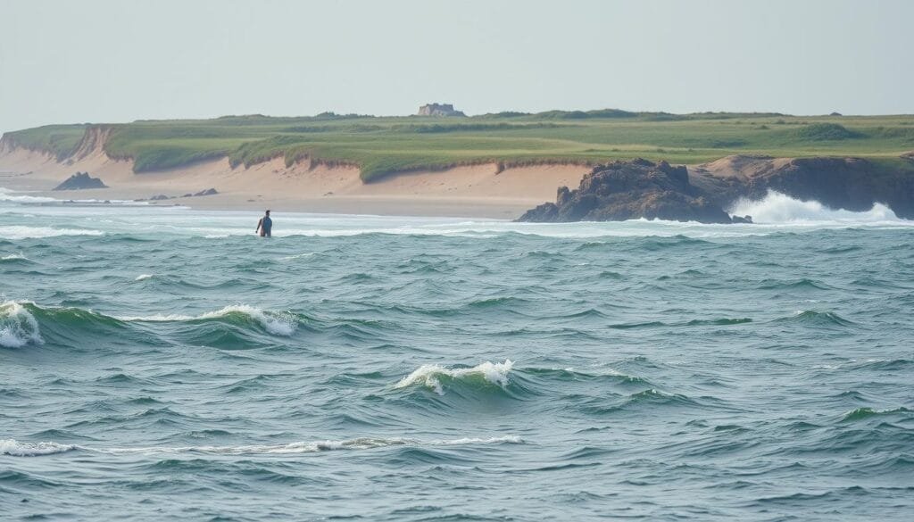 Coastal erosion and climate change: a dynamic landscape of rolling waves, eroding shorelines, and shifting sands. In the foreground, choppy waters crash against a rugged, weathered coastline, carved by the relentless forces of nature. In the middle ground, grassy dunes and rocky outcrops stand as sentinels, slowly yielding to the encroaching sea. The background fades into a hazy, overcast sky, hinting at the ominous presence of climate change, its effects visible in the receding shoreline and the changing ecosystem. Capture this scene with a wide-angle lens, emphasizing the scale and scope of the transformation. Convey a sense of melancholy and urgency, as the land and the sea battle for dominance in the face of a warming planet.