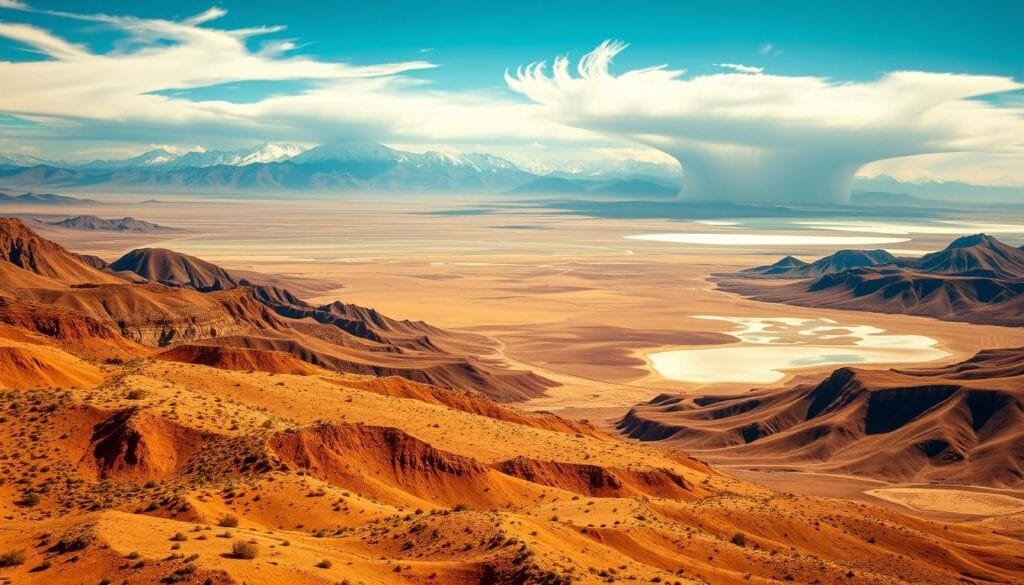 Comparison of desert ecosystems: A sweeping aerial view showcases the striking contrast between the rugged, arid Atacama Desert and the Puna, a high-altitude desert plateau. In the foreground, the Atacama's parched, lunar-like terrain is dotted with sparse, hardy vegetation, while the middle ground reveals the Puna's more lush, undulating landscape, punctuated by salt flats and seasonal lagoons. In the background, the two regions merge, separated by towering, snow-capped Andean peaks that lend an ethereal, majestic quality to the scene. Warm, golden sunlight filters through wispy clouds, casting dramatic shadows and highlighting the stark contrasts between these distinct desert ecosystems.