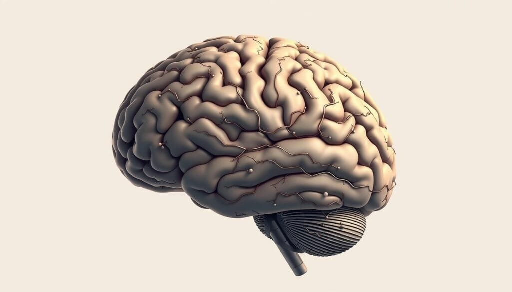 Detailed anatomical illustration of the auditory cortex and phonological loop, showcasing their intricate neural structures and interconnections. Rendered in a scientific, high-contrast style with a focus on the brain's functional regions responsible for the cognitive processing of music and speech. Precise, clean linework and muted color palette to convey a sense of clinical precision. Dramatic lighting from an angled perspective, casting subtle shadows to emphasize the three-dimensional depth and complexity of the cerebral matter. The overall tone is one of intellectual curiosity and fascination with the inner workings of the human mind.